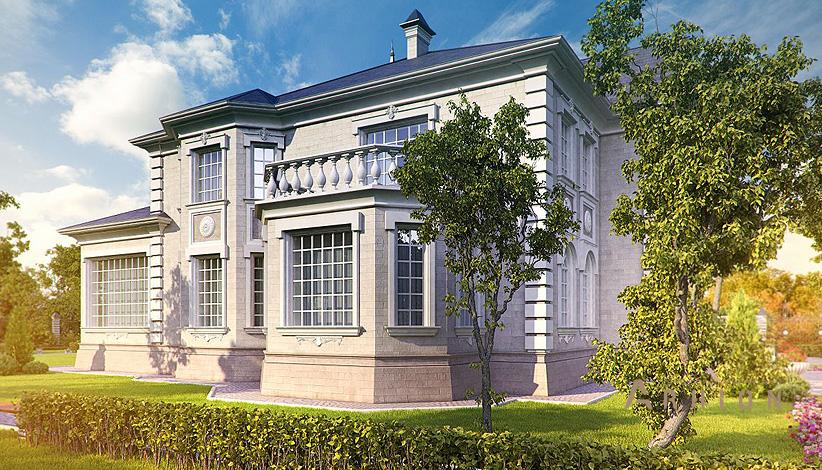 9. Проект двухэтажного дома в классическом стиле с четырехскатной, SOV-18, площадью - 536 кв c балконом, гаражом, эркером